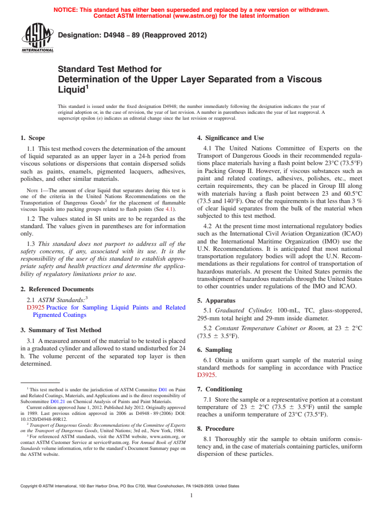 ASTM D4948-89(2012) - Standard Test Method for  Determination of the Upper Layer Separated from a Viscous Liquid