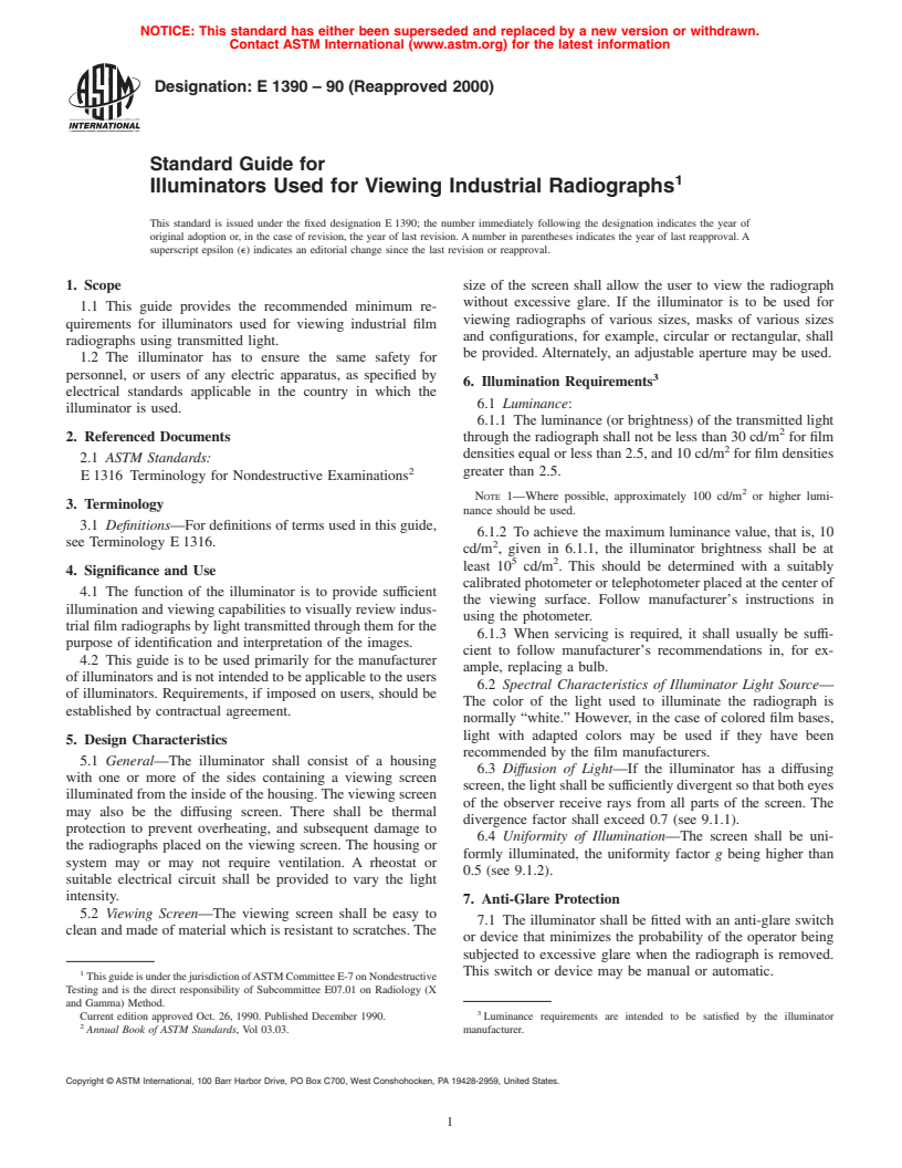 ASTM E1390-90(2000) - Standard Guide for Illuminators Used for Viewing Industrial Radiographs