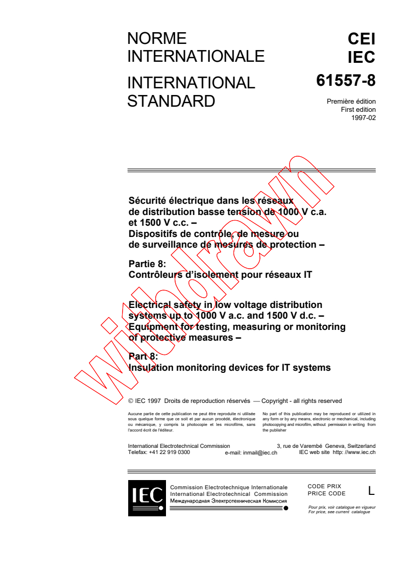 IEC 61557-8:1997 - Electrical safety in low voltage distribution systems up to 1000 V a.c. and 1500 V d.c. - Equipment for testing, measuring or monitoring of protective measures - Part 8: Insulation monitoring devices for IT systems
Released:2/14/1997
Isbn:2831837065