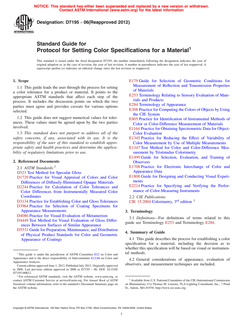 ASTM D7195-06(2012) - Standard Guide for  Protocol for Setting Color Specifications for a Material