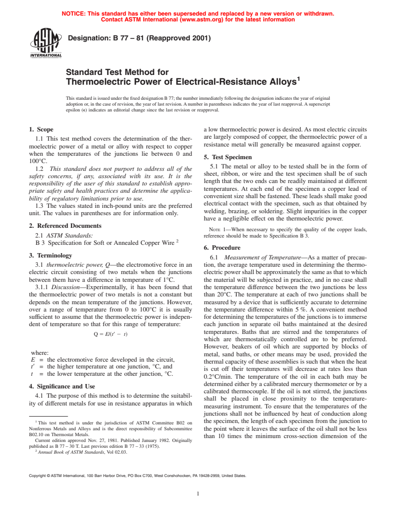 ASTM B77-81(2001) - Standard Test Method for Thermoelectric Power of Electrical-Resistance Alloys