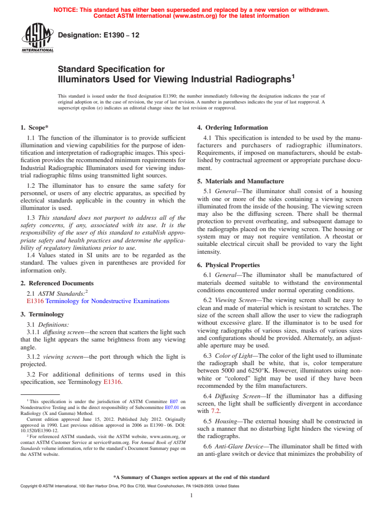 ASTM E1390-12 - Standard Specification for Illuminators Used for Viewing Industrial Radiographs