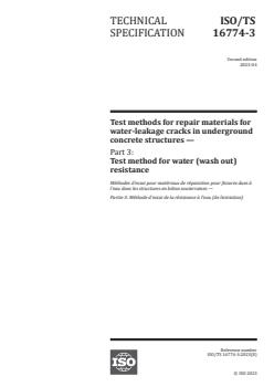 ISO/TS 16774-3:2023 ISO/TS 16774-3:2023 - Test methods for repair materials for water-leakage cracks in underground concrete structures — Part 3: Test method for water (wash out) resistance
Released:24. 04. 2023 - Page 1 preview