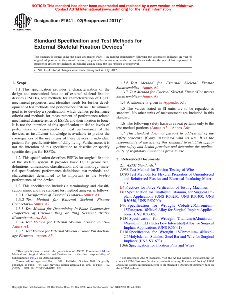 ASTM F1541-02(2011)e1 - Standard Specification and Test Methods for External Skeletal Fixation Devices