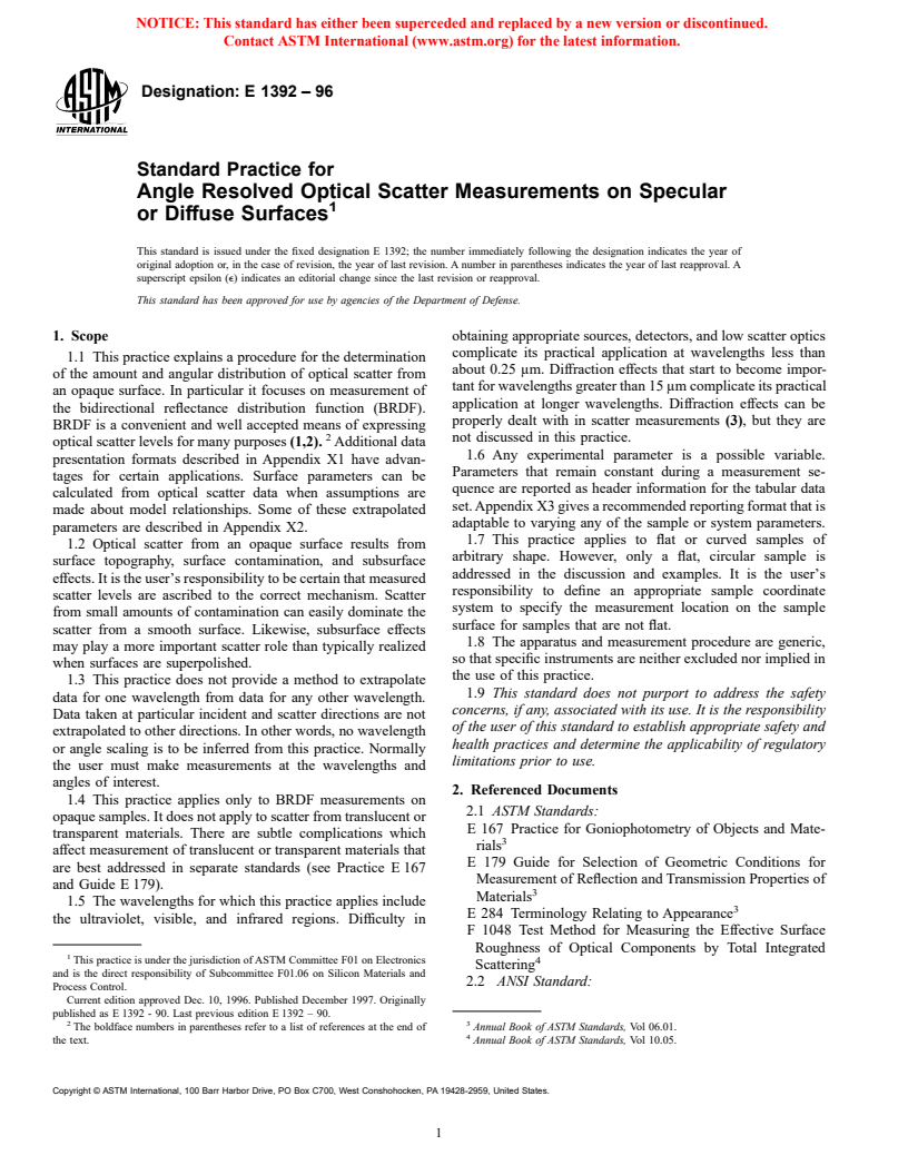 ASTM E1392-96 - Standard Practice for Angle Resolved Optical Scatter Measurements on Specular or Diffuse Surfaces