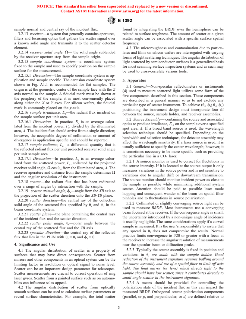 ASTM E1392-96 - Standard Practice for Angle Resolved Optical Scatter Measurements on Specular or Diffuse Surfaces