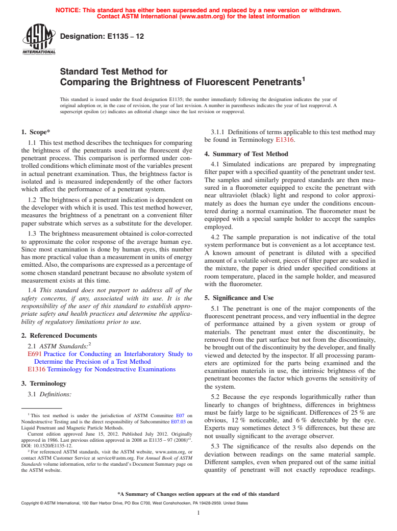 ASTM E1135-12 - Standard Test Method for Comparing the Brightness of Fluorescent Penetrants