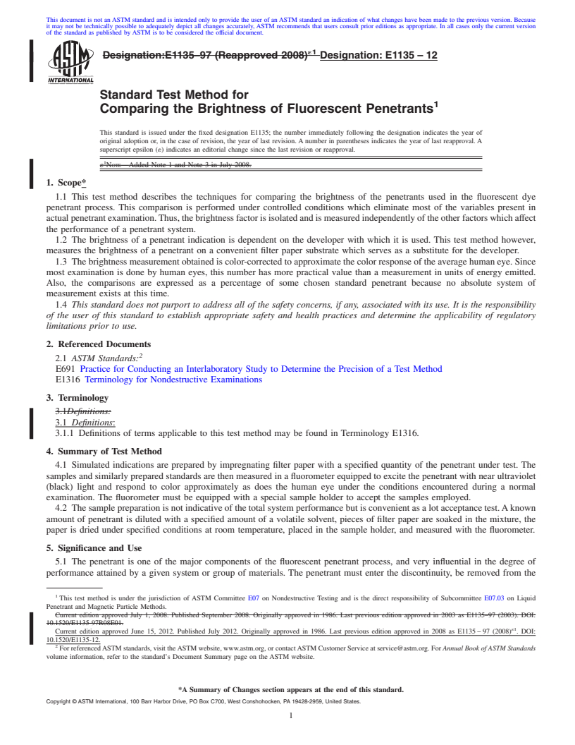 REDLINE ASTM E1135-12 - Standard Test Method for Comparing the Brightness of Fluorescent Penetrants