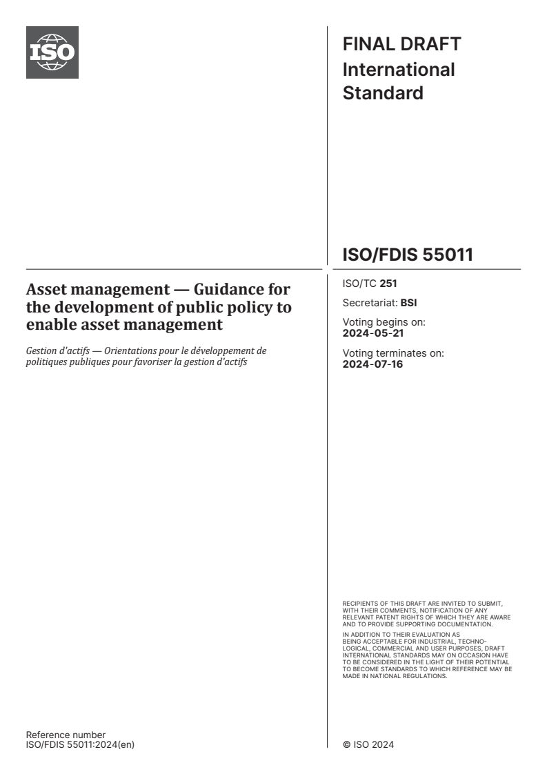 ISO/FDIS 55011 - Asset management — Guidance for the development of public policy to enable asset management
Released:7. 05. 2024