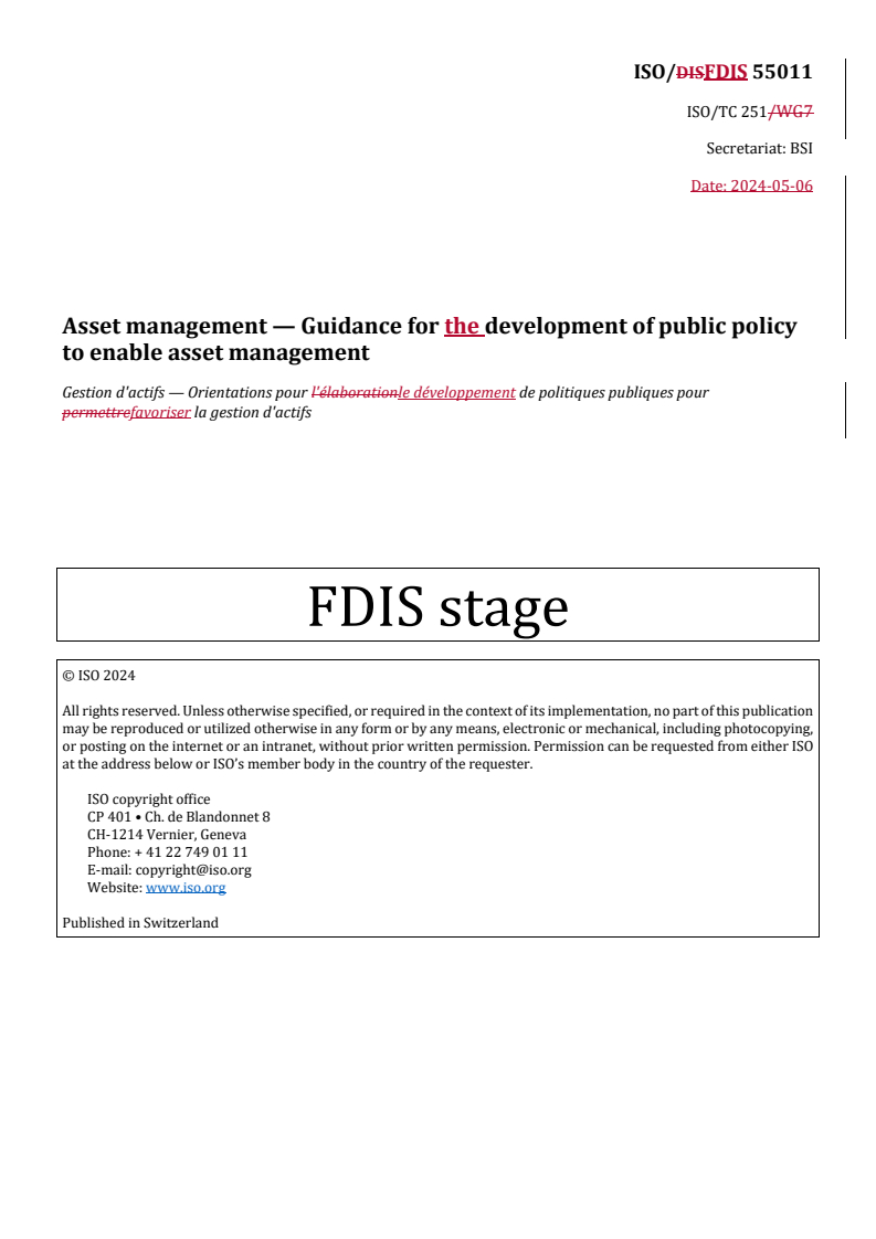REDLINE ISO/FDIS 55011 - Asset management — Guidance for the development of public policy to enable asset management
Released:7. 05. 2024