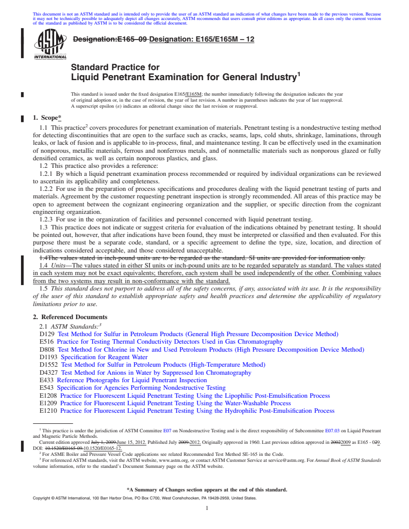 REDLINE ASTM E165/E165M-12 - Standard Practice for Liquid Penetrant Examination for General Industry