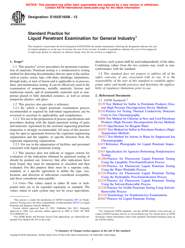 ASTM E165/E165M-12 - Standard Practice for Liquid Penetrant Examination for General Industry