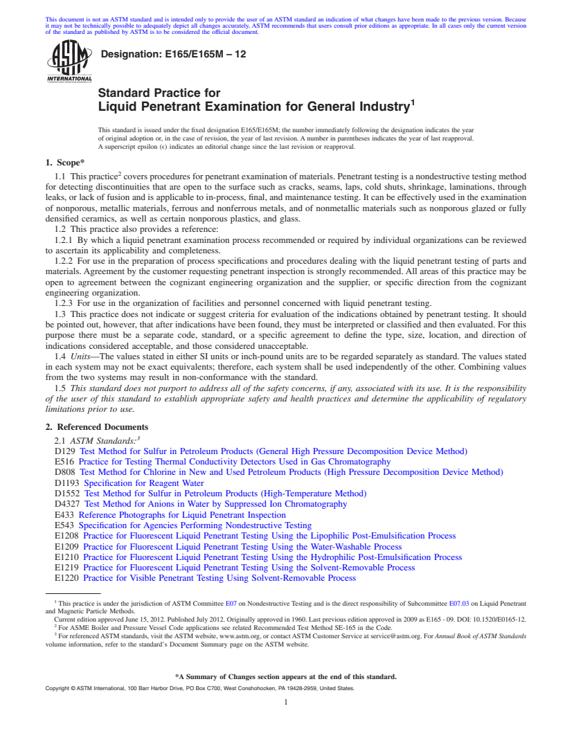 REDLINE ASTM E165/E165M-12 - Standard Practice for Liquid Penetrant Examination for General Industry