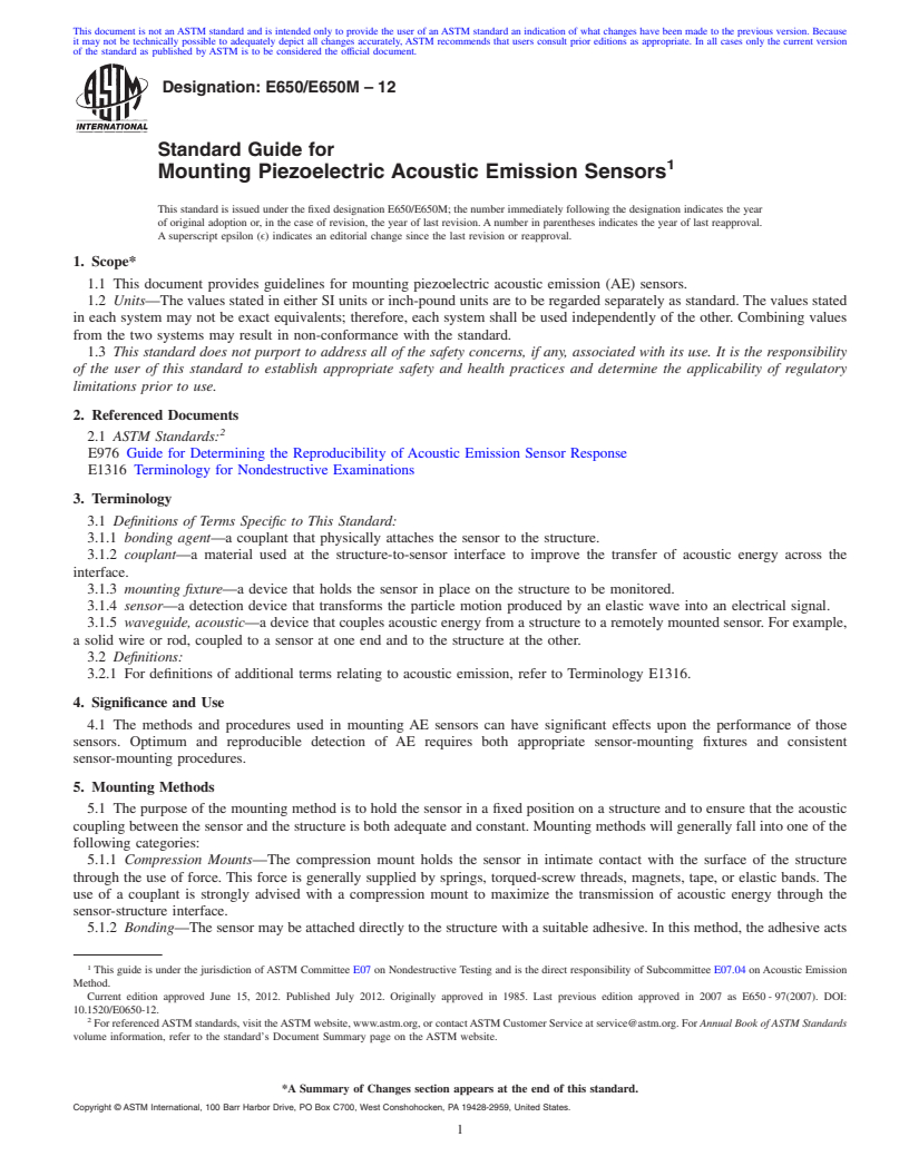 REDLINE ASTM E650/E650M-12 - Standard Guide for Mounting Piezoelectric Acoustic Emission Sensors