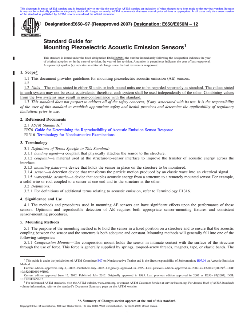 REDLINE ASTM E650/E650M-12 - Standard Guide for Mounting Piezoelectric Acoustic Emission Sensors