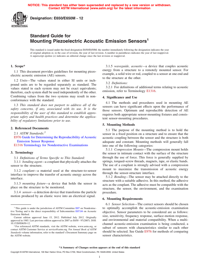 ASTM E650/E650M-12 - Standard Guide for Mounting Piezoelectric Acoustic Emission Sensors