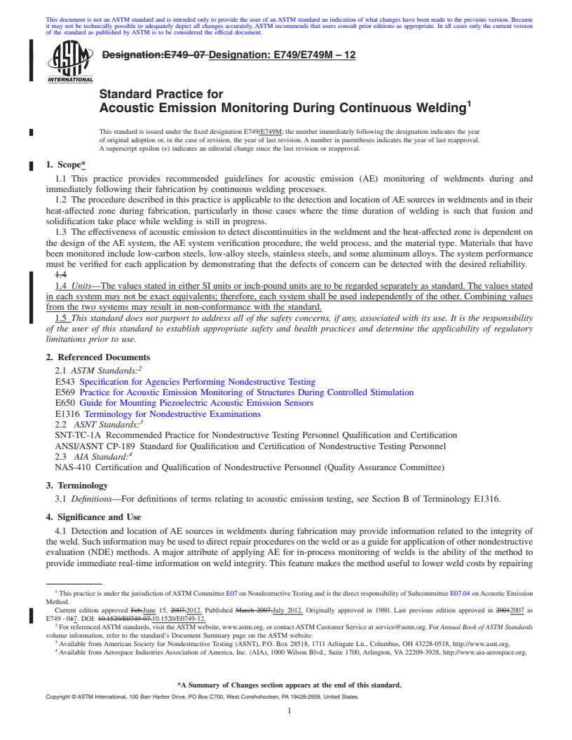 REDLINE ASTM E749/E749M-12 - Standard Practice for Acoustic Emission Monitoring During Continuous Welding