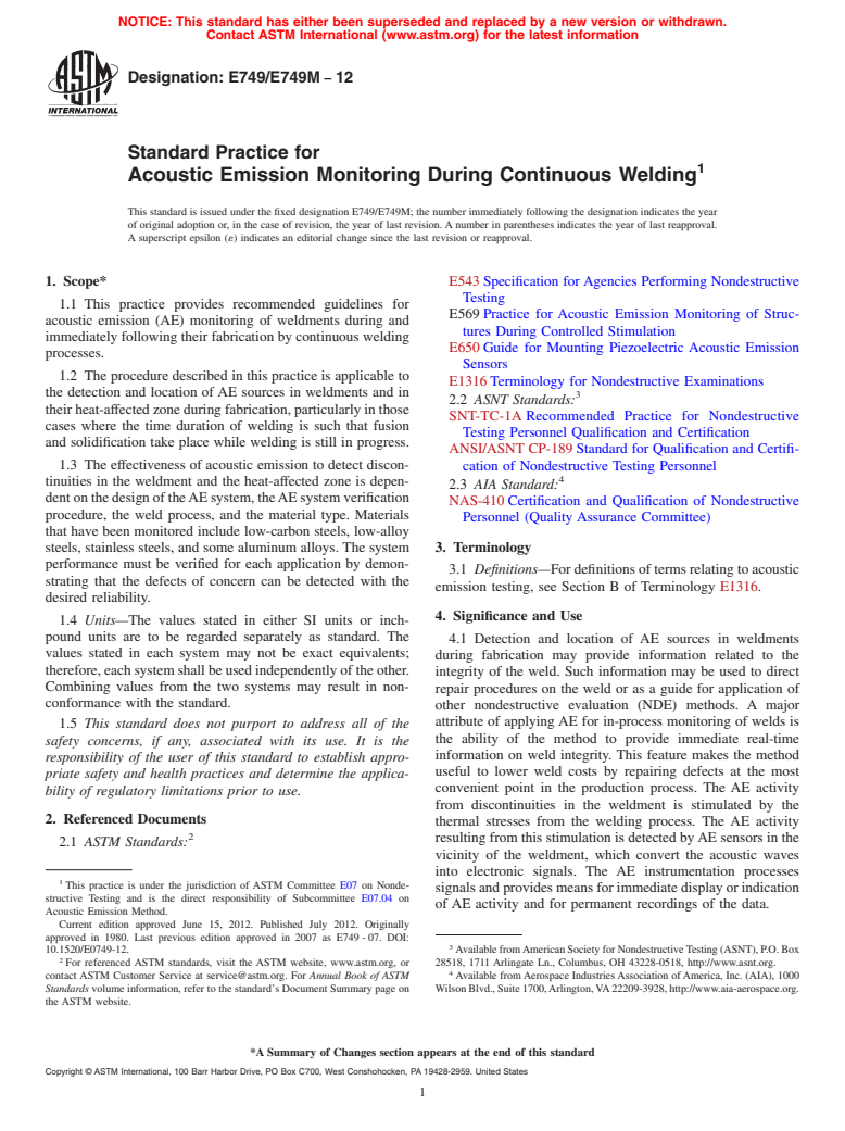 ASTM E749/E749M-12 - Standard Practice for Acoustic Emission Monitoring During Continuous Welding