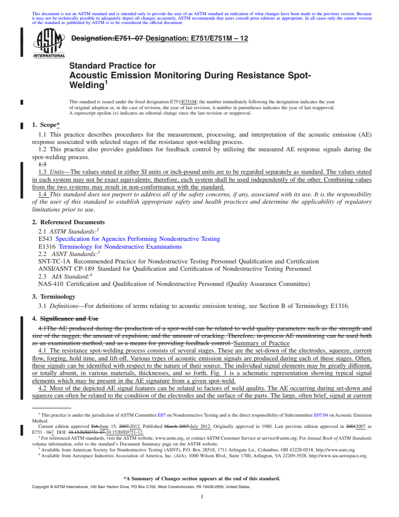 REDLINE ASTM E751/E751M-12 - Standard Practice for Acoustic Emission Monitoring During Resistance Spot-Welding