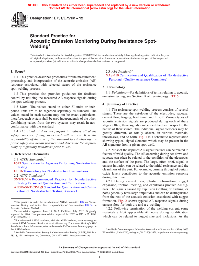 ASTM E751/E751M-12 - Standard Practice for Acoustic Emission Monitoring During Resistance Spot-Welding