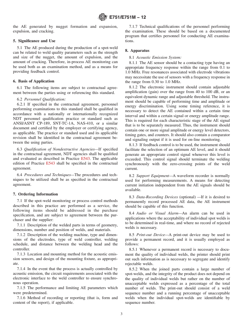 ASTM E751/E751M-12 - Standard Practice for Acoustic Emission Monitoring During Resistance Spot-Welding