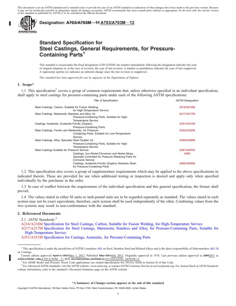 REDLINE ASTM A703/A703M-12 - Standard Specification for  Steel Castings, General Requirements, for Pressure-Containing  Parts