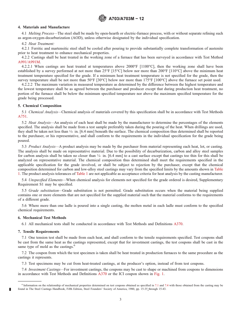 REDLINE ASTM A703/A703M-12 - Standard Specification for  Steel Castings, General Requirements, for Pressure-Containing  Parts