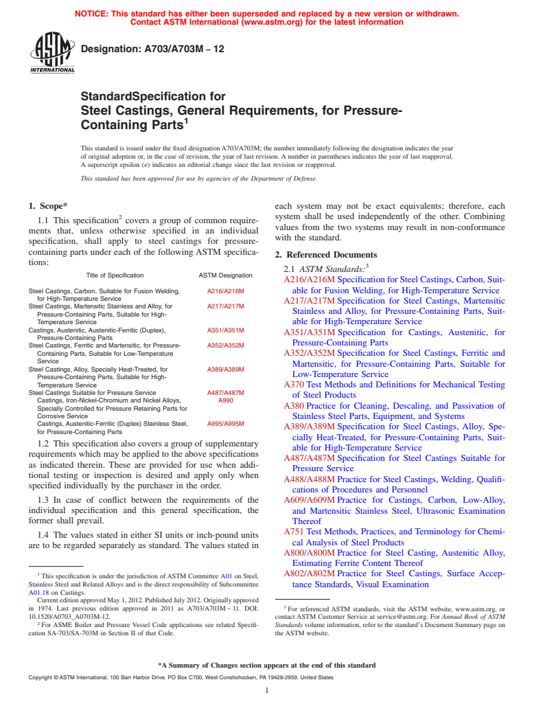 ASTM A703/A703M-12 - Standard Specification for  Steel Castings, General Requirements, for Pressure-Containing  Parts