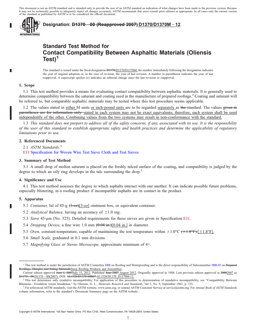 REDLINE ASTM D1370/D1370M-12 - Standard Test Method for  Contact Compatibility Between Asphaltic Materials (Oliensis  Test)