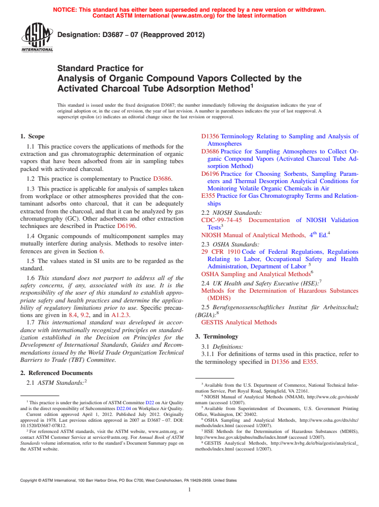 ASTM D3687-07(2012) - Standard Practice for  Analysis of Organic Compound Vapors Collected by the Activated Charcoal Tube Adsorption Method