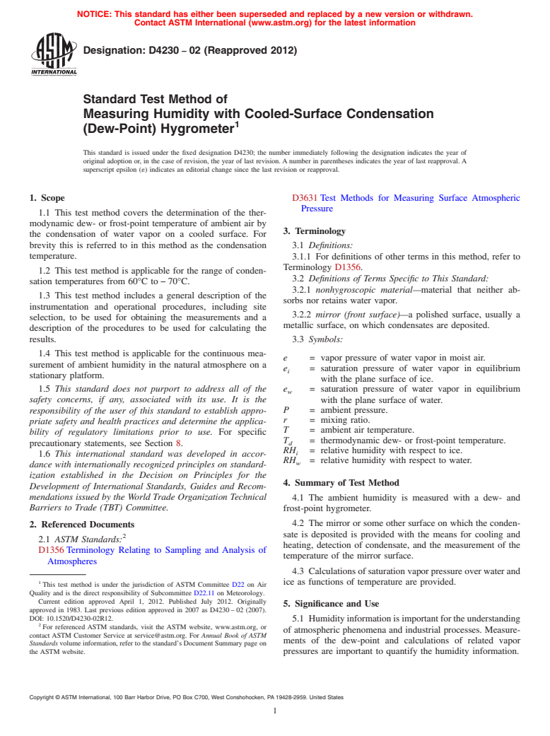 ASTM D4230-02(2012) - Standard Test Method of  Measuring Humidity with Cooled-Surface Condensation (Dew-Point) Hygrometer