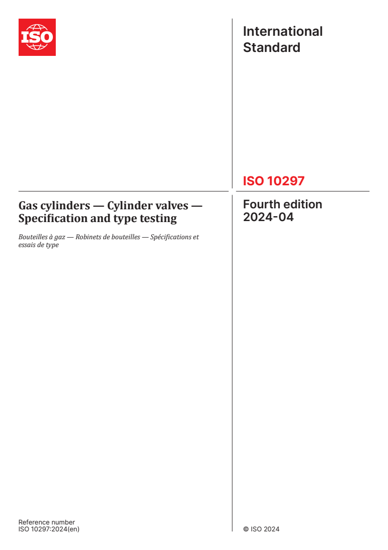 ISO 10297:2024 - Gas cylinders — Cylinder valves — Specification and type testing
Released:1. 04. 2024