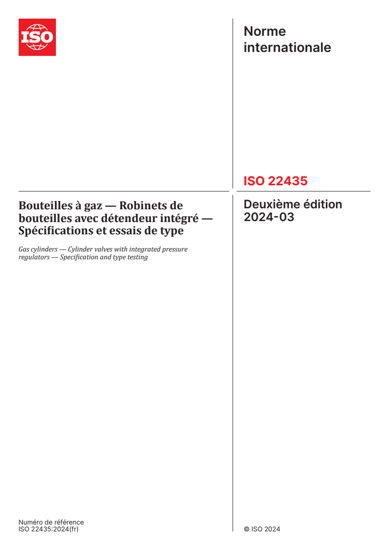 ISO 22435:2024 - Bouteilles à gaz — Robinets de bouteilles avec détendeur intégré — Spécifications et essais de type
Released:21. 03. 2024