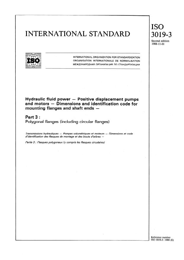 ISO 3019-3:1988 - Hydraulic fluid power -- Positive displacement pumps and motors -- Dimensions and identification code for mounting flanges and shaft ends