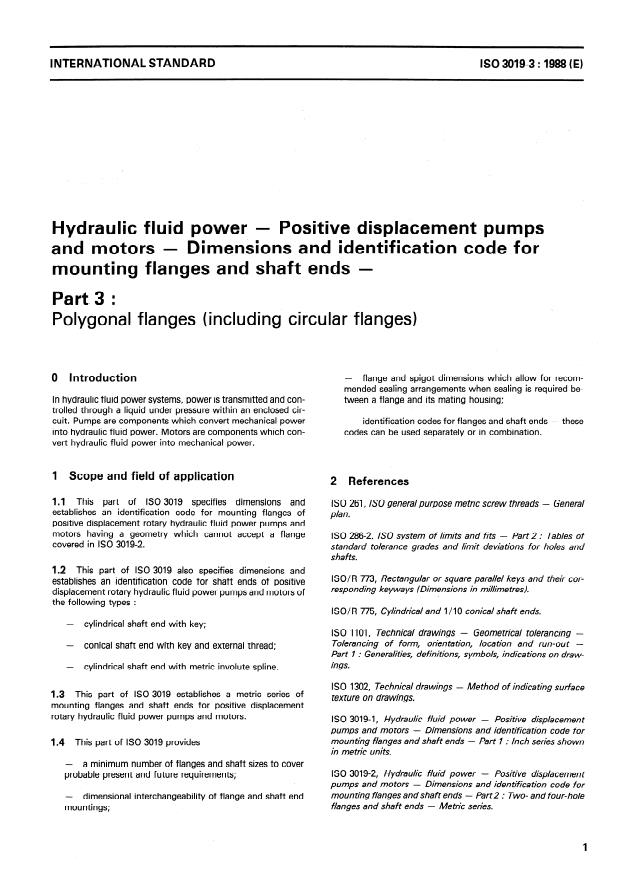 ISO 3019-3:1988 - Hydraulic fluid power -- Positive displacement pumps and motors -- Dimensions and identification code for mounting flanges and shaft ends