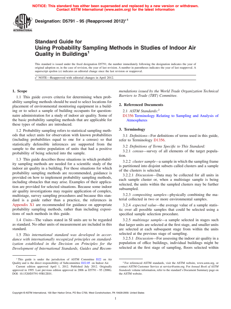 ASTM D5791-95(2012)e1 - Standard Guide for Using Probability Sampling Methods in Studies of Indoor Air Quality in Buildings