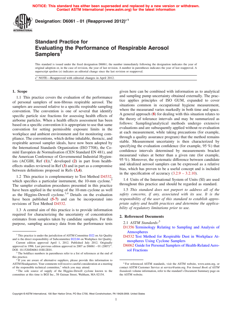 ASTM D6061-01(2012)e1 - Standard Practice for Evaluating the Performance of Respirable Aerosol Samplers