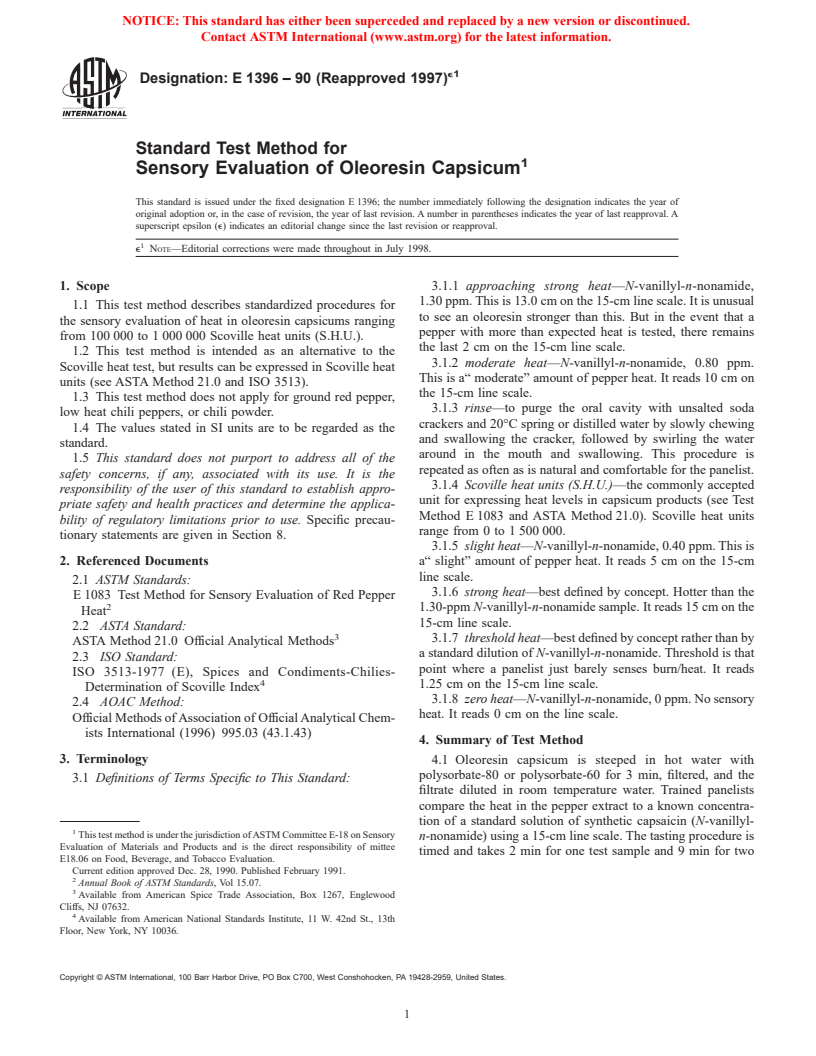 ASTM E1396-90(1997)e1 - Standard Test Method for Sensory Evaluation of Oleoresin Capsicum