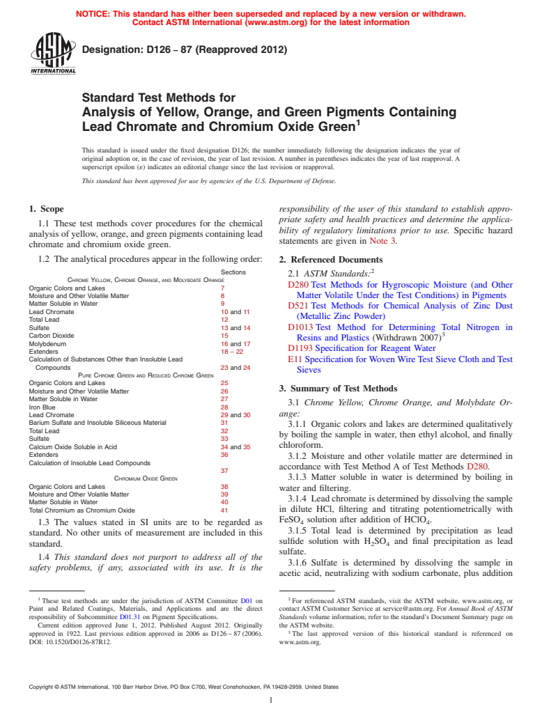 ASTM D126-87(2012) - Standard Test Methods for  Analysis of Yellow, Orange, and Green Pigments Containing Lead   Chromate    and Chromium Oxide Green