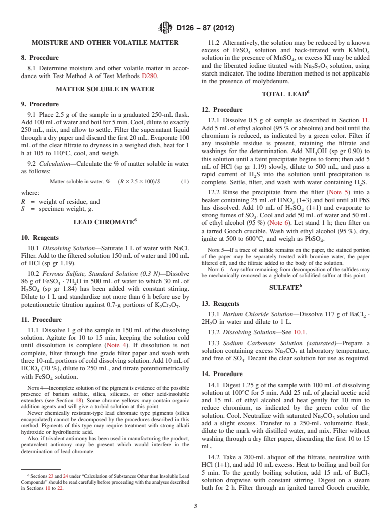 ASTM D126-87(2012) - Standard Test Methods for  Analysis of Yellow, Orange, and Green Pigments Containing Lead   Chromate    and Chromium Oxide Green