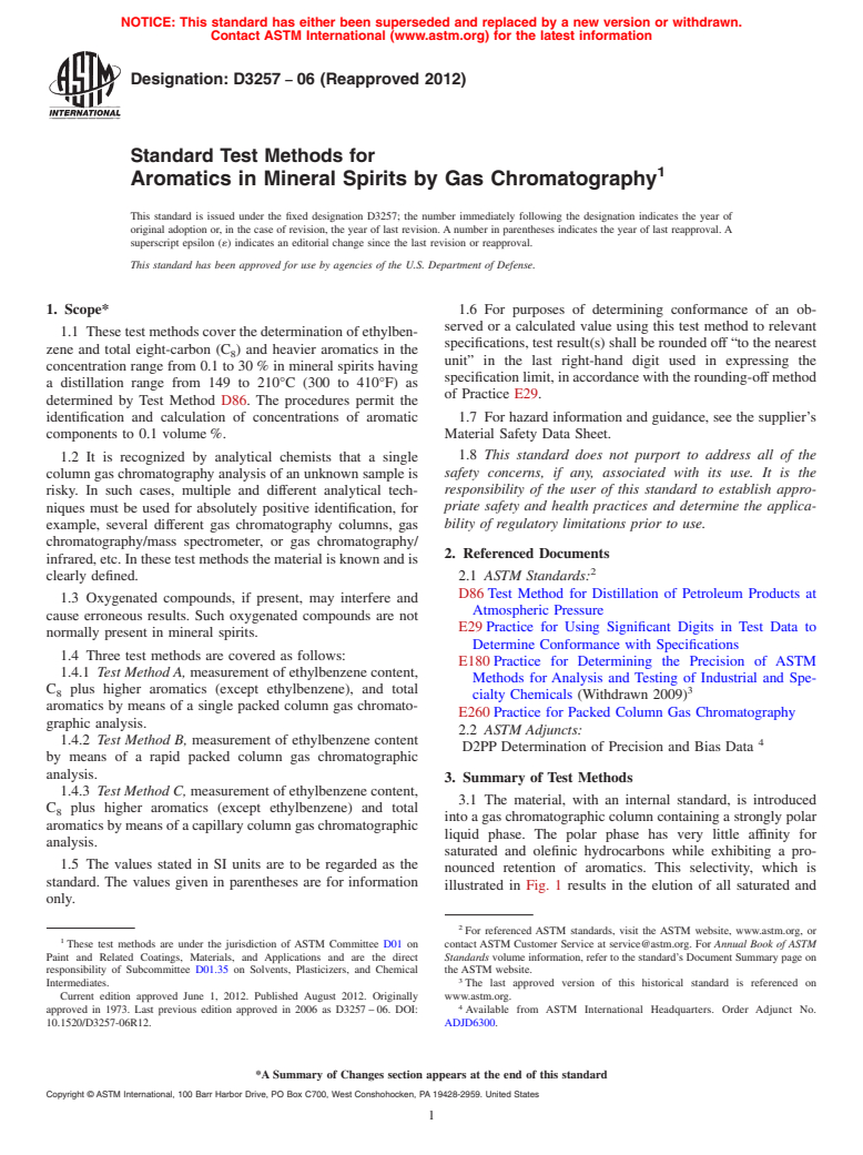 ASTM D3257-06(2012) - Standard Test Methods for  Aromatics in Mineral Spirits by Gas Chromatography (Withdrawn 2021)