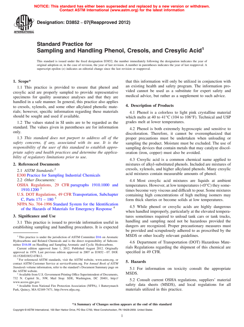 ASTM D3852-07(2012) - Standard Practice for  Sampling and Handling Phenol, Cresols, and Cresylic Acid