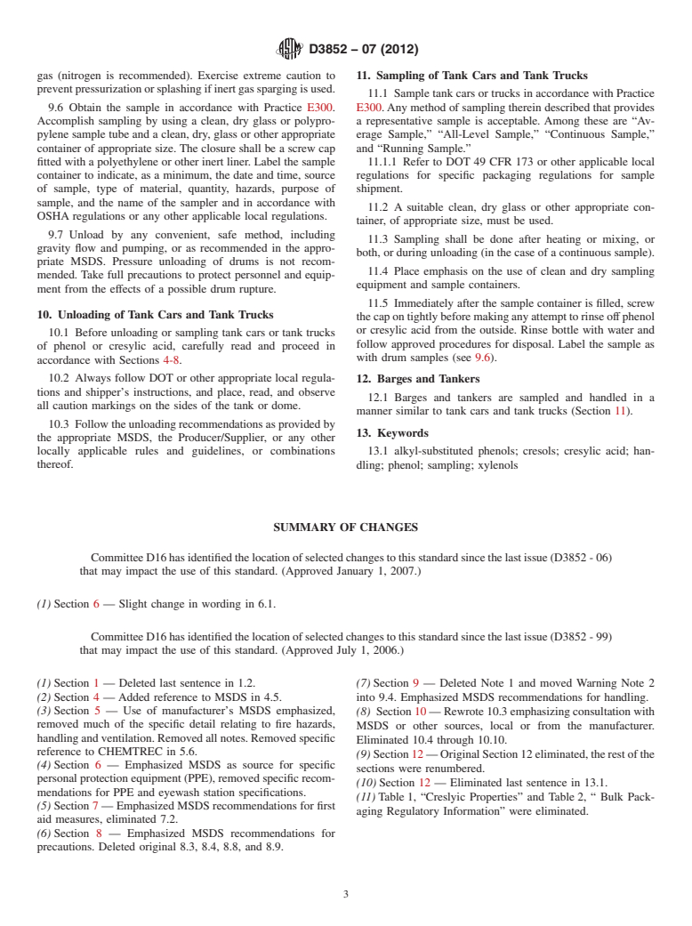 ASTM D3852-07(2012) - Standard Practice for  Sampling and Handling Phenol, Cresols, and Cresylic Acid