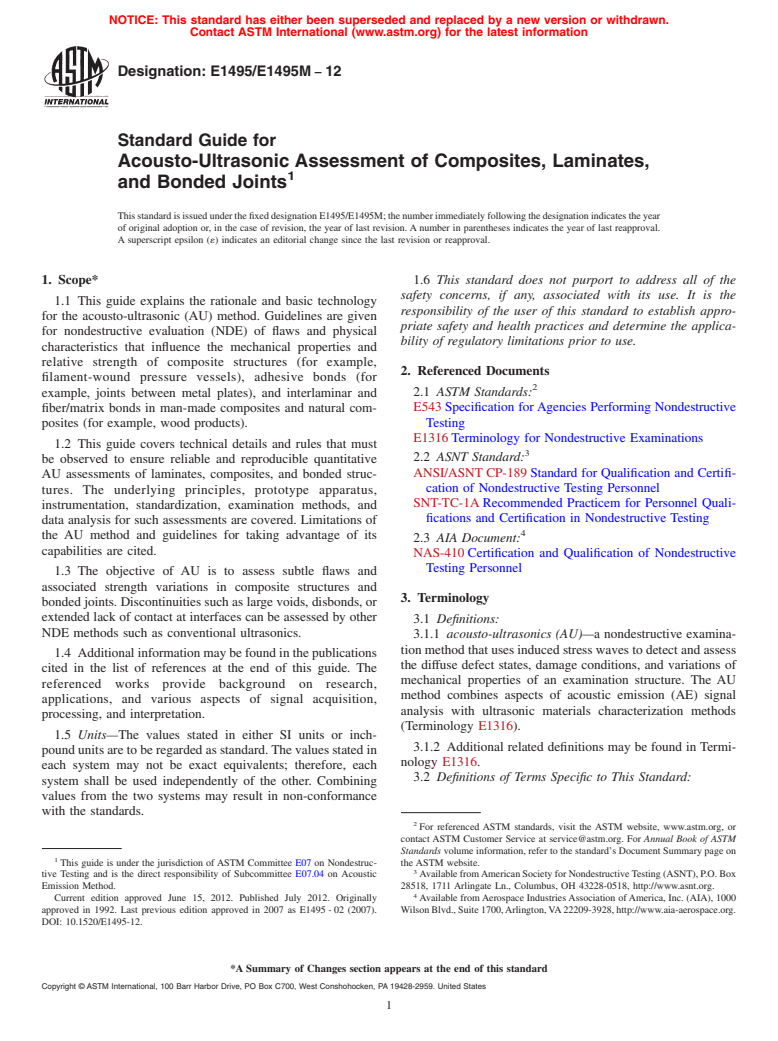 ASTM E1495/E1495M-12 - Standard Guide for Acousto-Ultrasonic Assessment of Composites, Laminates, and Bonded Joints