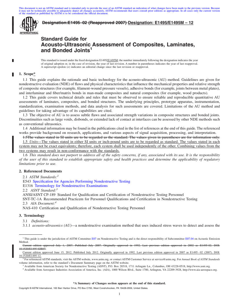 REDLINE ASTM E1495/E1495M-12 - Standard Guide for Acousto-Ultrasonic Assessment of Composites, Laminates, and Bonded Joints