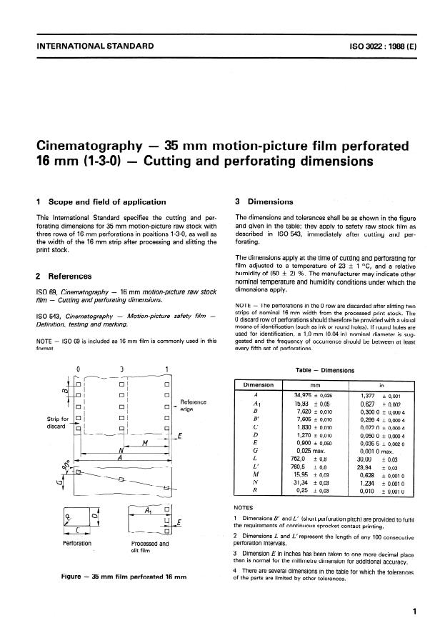 ISO 3022:1988 - Cinematography -- 35 mm motion-picture film perforated 16 mm (1-3-0) -- Cutting and perforating dimensions