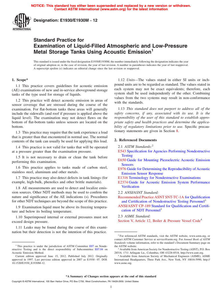 ASTM E1930/E1930M-12 - Standard Practice for Examination of Liquid-Filled Atmospheric and Low-Pressure Metal Storage Tanks Using Acoustic Emission