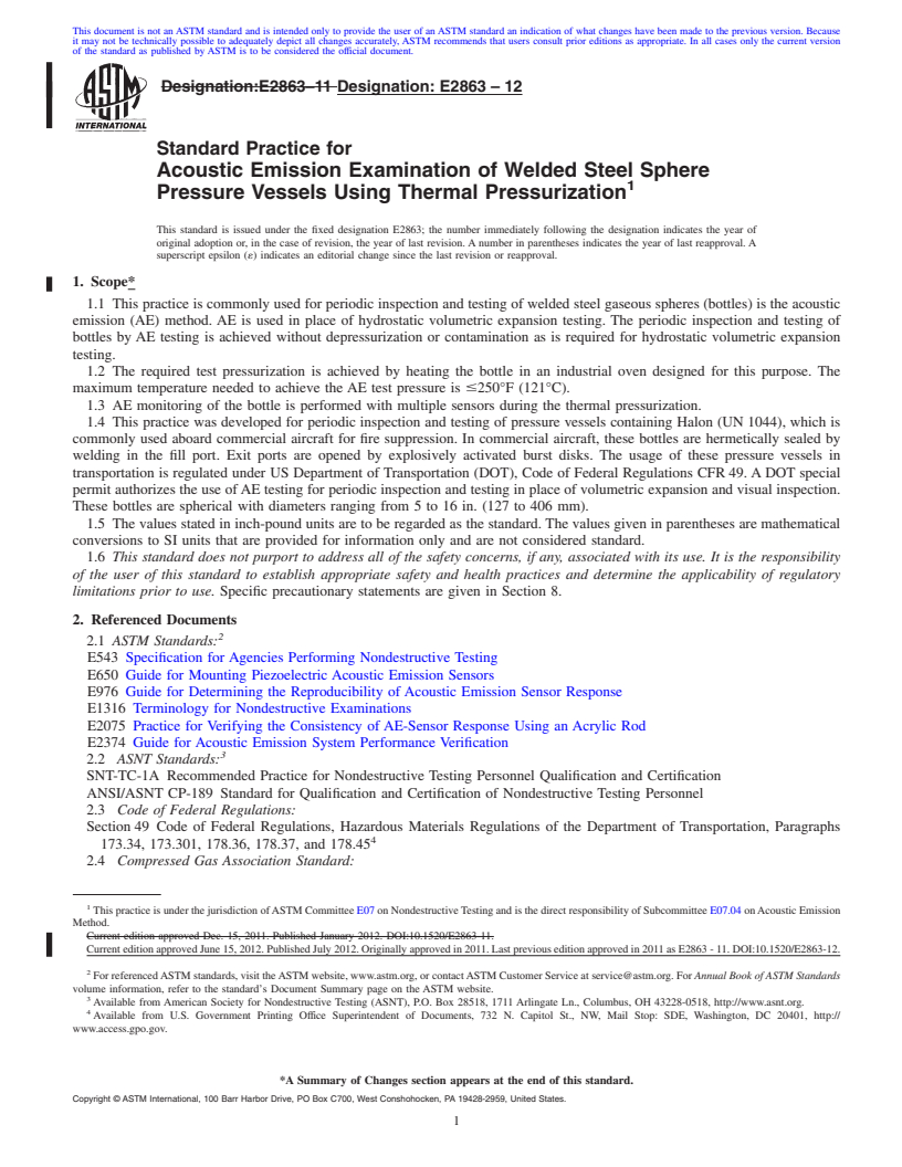 REDLINE ASTM E2863-12 - Standard Practice for Acoustic Emission Examination of Welded Steel Sphere Pressure Vessels Using Thermal Pressurization