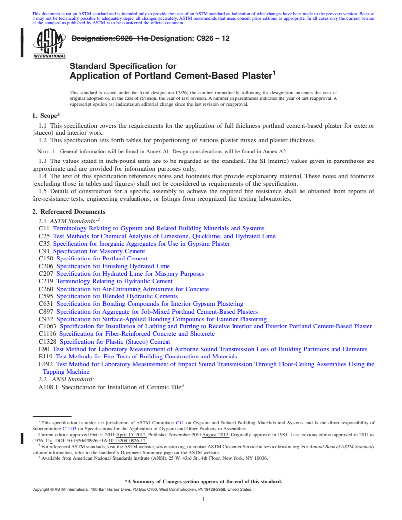 REDLINE ASTM C926-12 - Standard Specification for Application of Portland Cement-Based Plaster