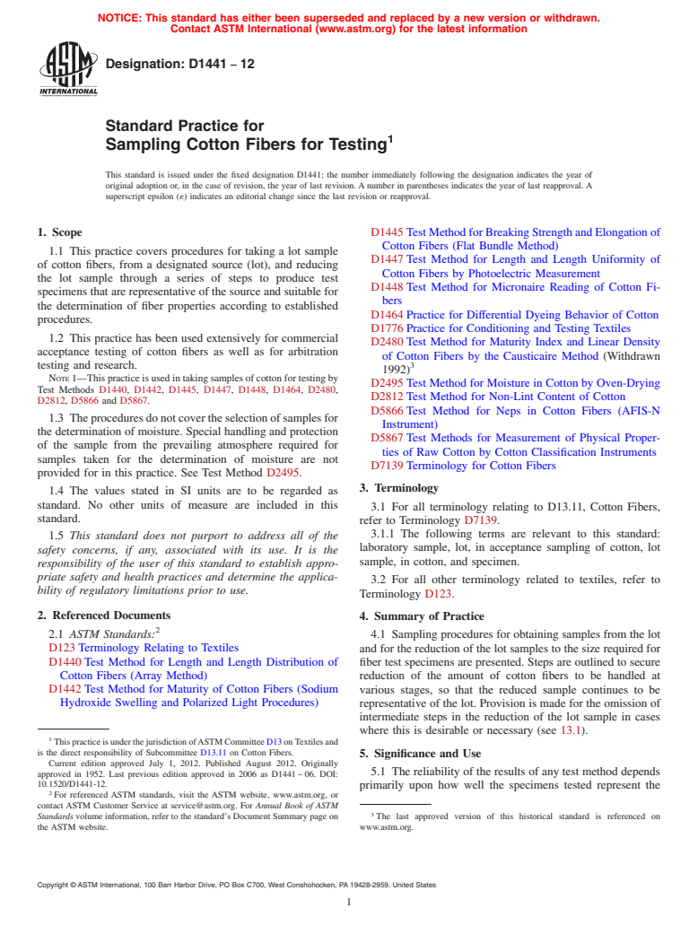 ASTM D1441-12 - Standard Practice for  Sampling Cotton Fibers for Testing